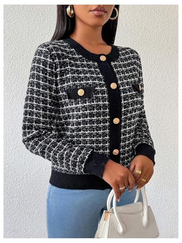 MakeMeChic Women's Plaid Print Crew Neck Button Down Long Sleeve Cardigan Sweater3