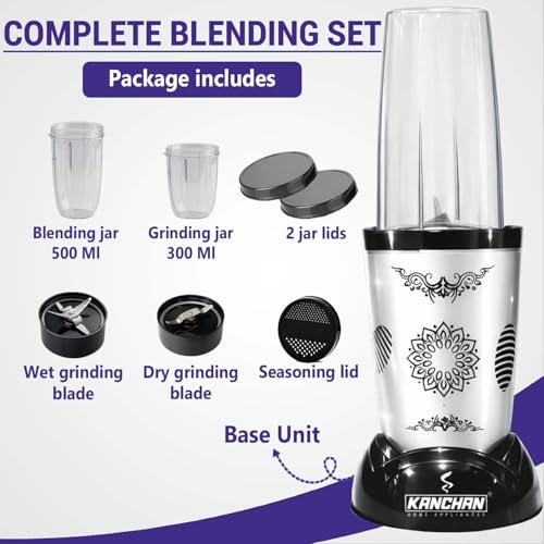 Image of Kanchan Nutri-Blend Mixer Grinder 450 Watt | Blender for Smoothie Juice Puree Masala Chutney, Unbreakable Jars (500ml & 300ml) -SS Blades for Grind & Blend (Silver, 2 Jar)