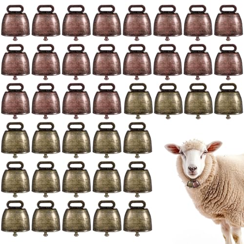 40 PCS Mini Cow Bells Bulk Goat Bells for Collars Antique Iron Metal Animal Copper Bell Small Cowbell for Farm Pets Christmas Decor (20 Red Bronze 20 Green Bronze)