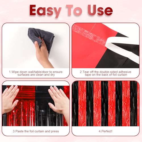 Image of Voircoloria 2 Pack Red and Black Tinsel Foil Fringe Curtains, Red and Black Party Decorations, Metallic Tinsel Party Streamers Backdrop for Halloween Birthday Red Carpet New Years Party Decorations