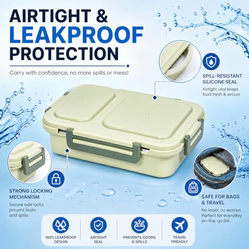 Image of Premium 2 Compartment Stainless Steel Lunch Box with Airtight Leakproof Lid | Durable Food Storage Bento Box with Secure Lock Clips (Grey Color)