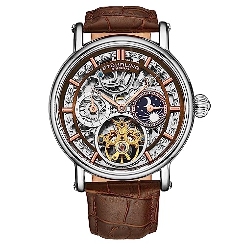 Stuhrling Original Men's Automatic Watch Silver Case, Silver Bezel, Alligator Embossed Genuine Leather Strap (Brown) -  4000.3