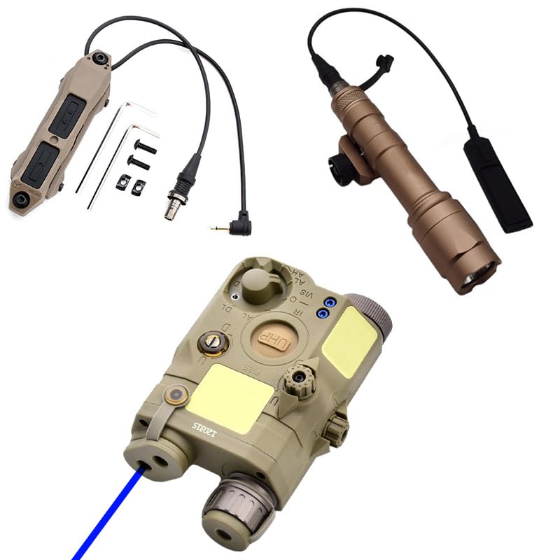 Plastic PEQ15 Box Aiming Laser Sights(with Red/Green/Blue Laser + IR Laser+ White Light), & M600C Strong LED Flashlight, & Modular Dual Wire Remote Pressure Switch(SF+2.5 Plug) Combo, Tan