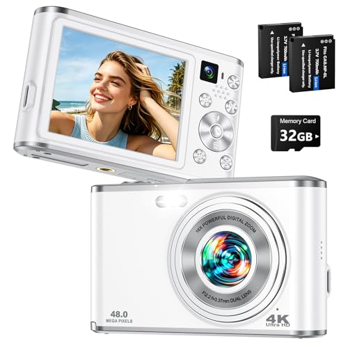 2026 Upgraded 4K Digital Camera for Photography & Vlogging, 48MP Compact Digital Camera with Autofocus, Dual Lens Selfie Camera, 16X Zoom Portable Vlogging Camera for YouTube for Beginners, 32GB Card