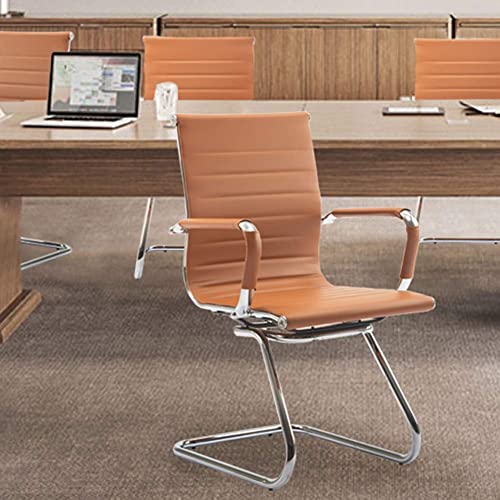 Image of Office Desk Chair No Wheels Set of 6 PU Leather Computer Chairs Mid Back Guest Chairs for School Reception Conference Waiting Room, Terracotta