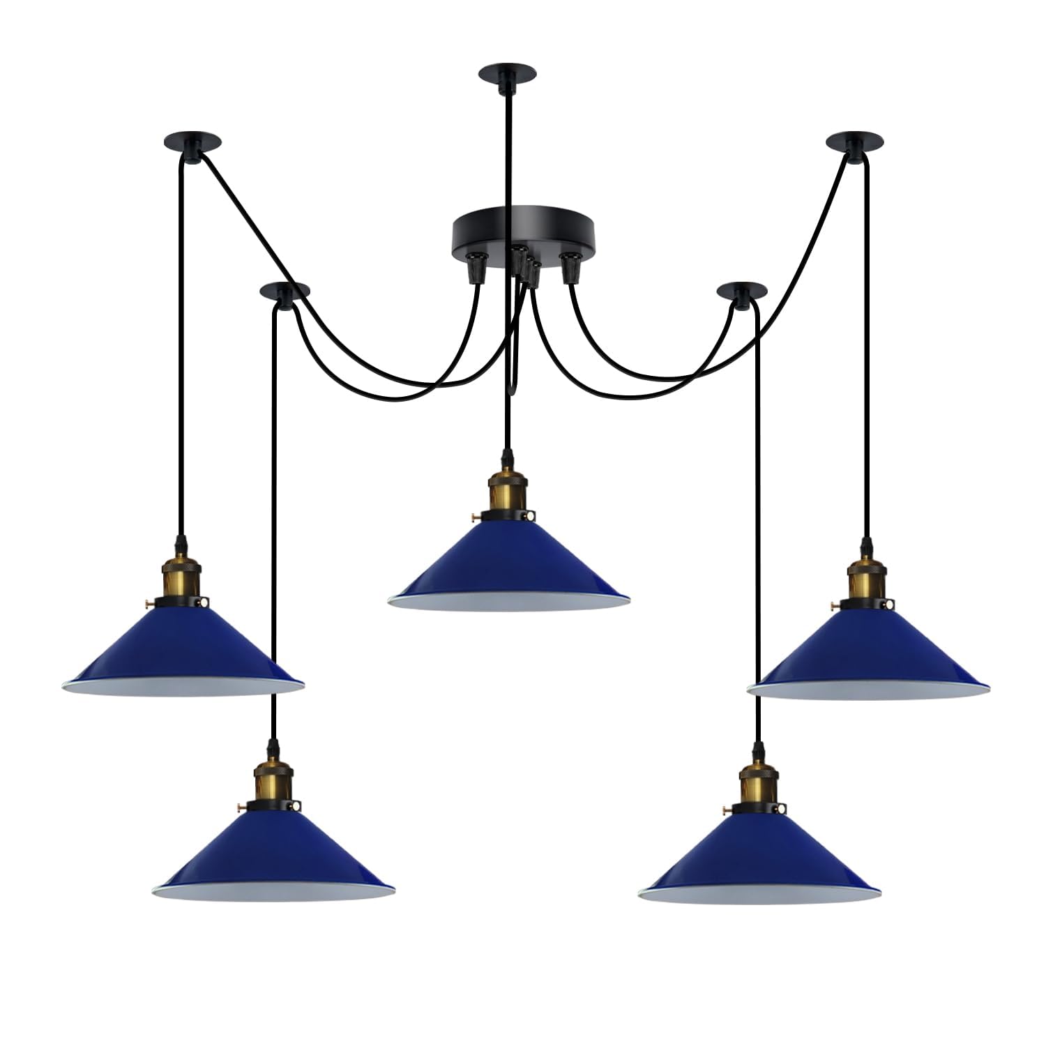 LEDSone Industrial 5-Head Spider Pendant Light Adjustable Hanging Ceiling Lamp with E27 Cone Metal Shades 110-240V Height Adjustable Fixture for Kitchen, Bar, Loft