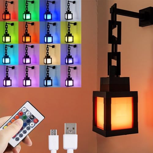 Pixelated Lantern Night Light, 2026 Xmas Gift LED 16 Colors Change Hanging Lantern Lamp from Minecraft - Rechargeable Wall Tabletop Night Lights for Gamer Boys Girls Man Bedroom Game Room Wall Decor