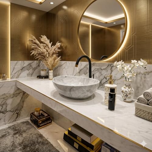 Image of Ceramic Tabletop Wash Basin - Glossy Bowl Shape Countertop Vessel Sink with Marble Finish for Bathroom & Vanity | Compact 16 x 13 x 5 Inch | Elegant Washbasin