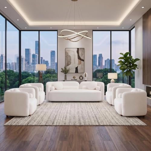 Image of 5 Piece Curved Couch Set for Living Room, Boucle Sofa Set with 1 Modern 3-Seater Sofa & 4 Accent Chairs, Deep Seat Conversation Seating Furniture for Open Concept Spaces,Home Office (White)