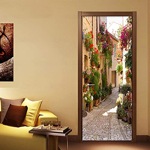 LuSeven vinilo para puertas Calle paisaje planta flor 40x120cm(15.74 inches * 47.24 inches) pegatinas autoadhesivas de PVC, efecto 3D para decoración de puertas, arte de fotos, papel pintado