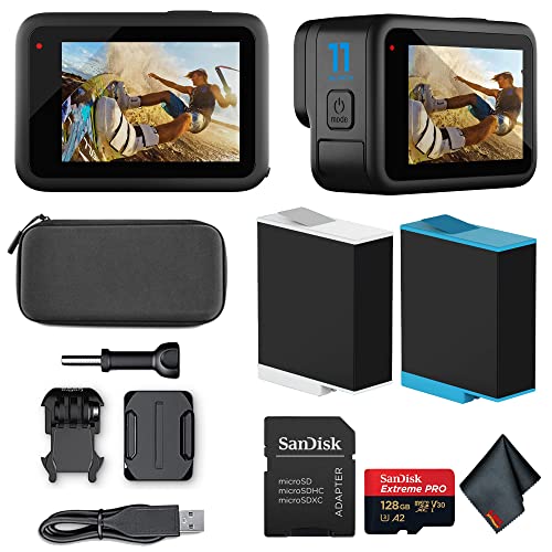 GoPro Hero 11 (HERO11) ブラック - 5.3K Ultra HDビデオ、27MP写真、1/1.9インチイメージセンサー、ライブストリーミング、ウェブカメラ、安定化+128GB Extreme Proカードと予備バッテリーを備えた防水ア