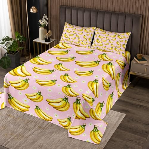 Erosebridal Banana Coverlet Set Twin Size Small Wild Flower Floral Bedspread Set for Kids Boys Girls Teens Kawaii Watercolor Fruit Bedspread Sets Banana Bed Sets