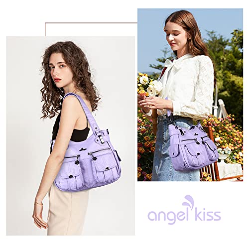 Image of Angel Kiss Women's Designer Handbag Large Double Zipper Multi Pocket Washed Leather Purse