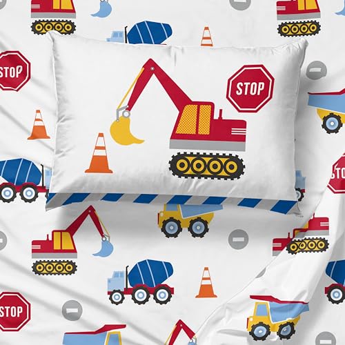 Image of Sunny Side Up Construction Zone Full Sheet Set - 4 Piece Kids Bedding Set Includes Pillow Cover - Super Soft Trucks Microfiber Sheets