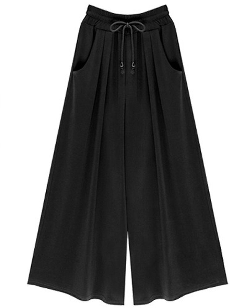 FOURSTEEDS Womens Pocket Elastic Waist Wide Leg Culottes Pants Drawstring Palazzo Pants