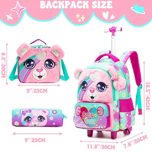 Kids Cute Pink Bear Rolling Backpack with Wheels for Girls School Rolling Backpack Kids Travel Luggage for Girls Ages 5-122