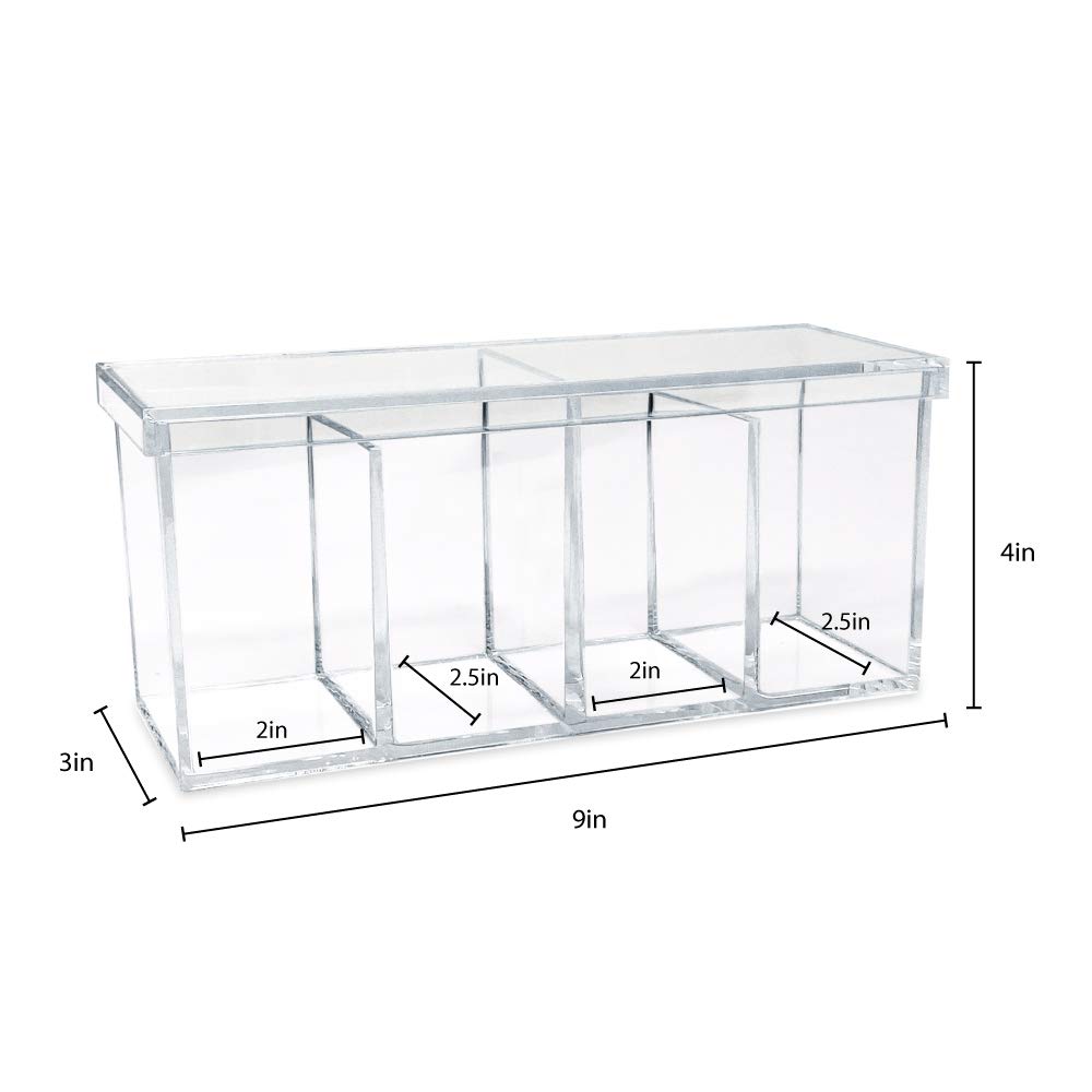 Isaac Jacobs Organizador acrílico transparente de 4 compartimentos con tapa (9 pulgadas de largo x 3 pulgadas de ancho x 4 pulgadas de alto), soporte para brochas de maquillaje, bandeja seccional,