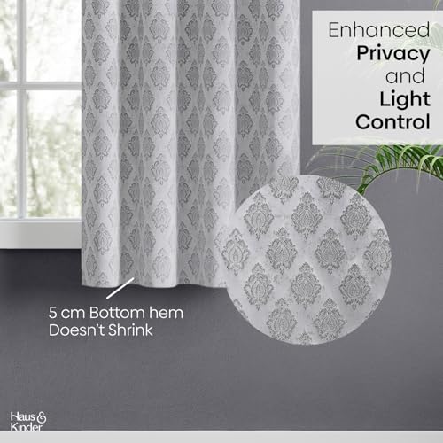 Image of haus & kinder Jacquard Window Curtain 5 Feet Long Pack of 1 Window Curtain, 5 Feet Curtain for Window (Silver Crest, Grey Classic Damask Design 130x152 CM)