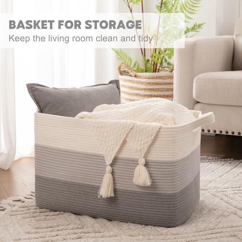 Image of OIAHOMY Large Blanket Basket, 65L Cotton Rope Woven Laundry Basket, Toy Bin for Baby Room, Container for Blanket Storage in Living Room, 20''x16''x12'', Gradient Grey