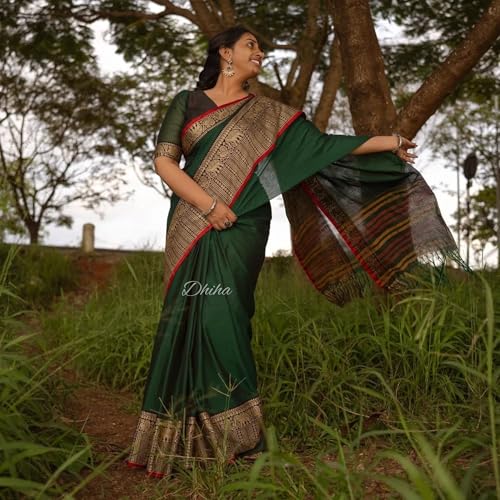 Image of Narayanpet Pure Cotton Saree for Women | Preethika Big Border Saree with Running Blouse | Tassels | Handloom Weave