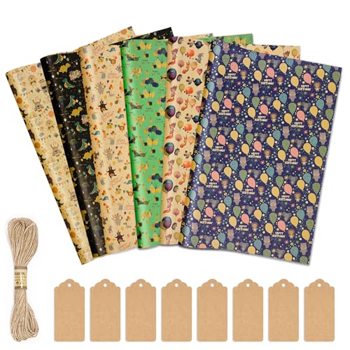 Larcenciel Geschenkpapier Geburtstag, Lustige Tierparty Kraftpapier Geschenkpapier Kinder, Süßes Cartoon Geschenkverpackung mit Dino Welpe Fuchs Löwe für Geburtstag, Jahrestag, Party, 6 Blatt 70x50cm