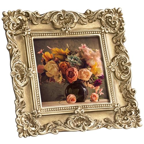 Image of eletecpro 4x4 Vintage Picture Frame with Real Glass Cover, Ornate Antique Photo Frame, Display 4x4 Picture for Tabletop or Wall Hanging, Gold Home Decor for Gallery Art