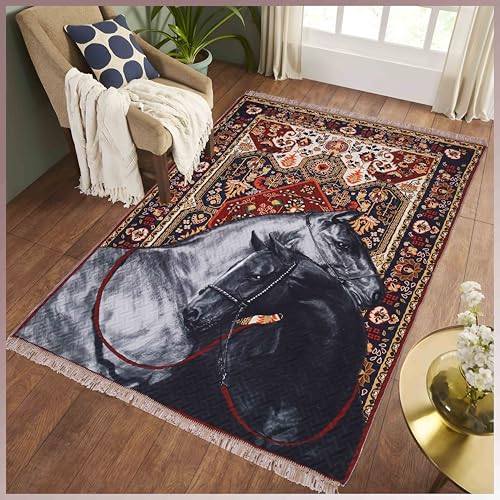 Image of Sparrow World Holland Velvet Quilted Printed Foam Padded Carpet - Premium Home Decor Rug for Living Room, Bedroom, Kitchen, Drawing Room, Hall, Guest Room (5 x 7 Feet) (Black-Grey-Horse)