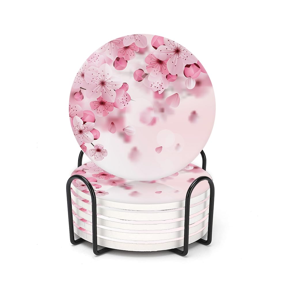 6 Pcs Drink Coasters with Holder, Pink Cherry Blossom Flowers Absorbent Round Ceramic Coaster for Tabletop Protection, Home Decor Coasters for Coffee Cup Beverage Wine Beer Bar