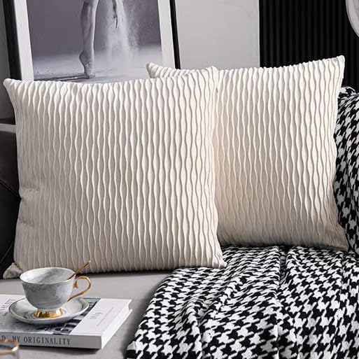 BananaHome Throw Pillow Covers,2pack Velvet Pillow Covers 18x18inch,Striped Decorative Sofa Couch Bed Bedroom Living Room Pillowcases,Cute Wave Design Home Decoration (Cream White, 18x18inch/45x45cm)