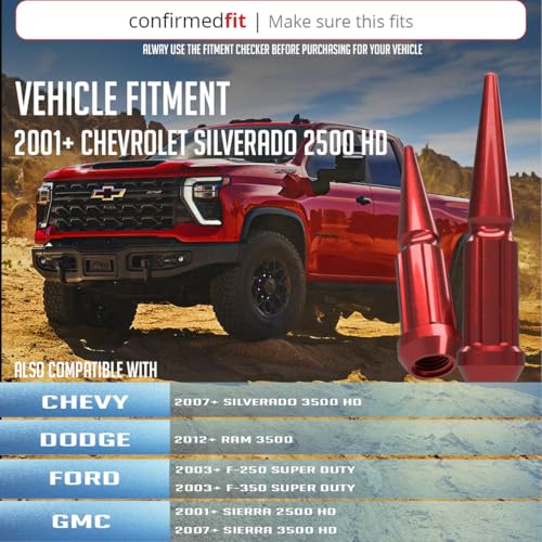 Image of Wheel Accessories Parts 32 Pcs + 1 Key M14x1.50 14x1.50 Thread Spike Spline 4.40 inch Long Lug Nuts Red Truck Spline Hex Fits Ford F250 /350 Super Duty Silverado Sierra 2500 3500 Ram 2500 3500