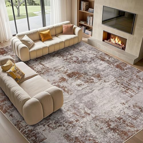 Tortania Washable 10x12 Area Rug for Living Room: Modern Abstract Neutral Large Soft Thin Rugs - Non Slip Indoor Carpet for Bedroom Dining Room Office Nursery Home Floor Decoration - Brown