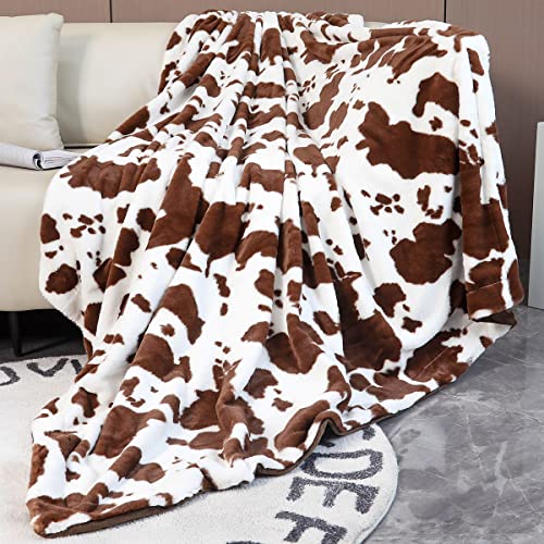 SUCSES Fleece Cow Print Bed Blankets, Brown and White Faux Fur Cow Blanket, Western Style Cowhide Throw Blanket for Kids Boys Girls (Brown White, 63