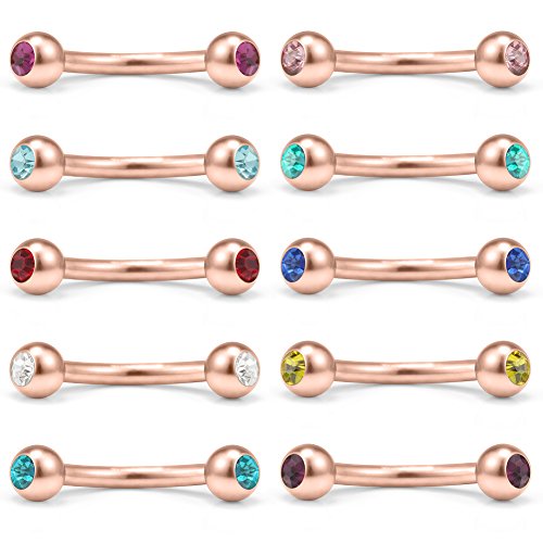 Ruifan Lot of 10 Mix Color Double Jeweled Diamond Eyebrow Piercing Jewelry Curved Barbell with Ball Kit Eyebrow Tragus Lip Ring 16g 16 Gauge 8mm (Rose Gold)