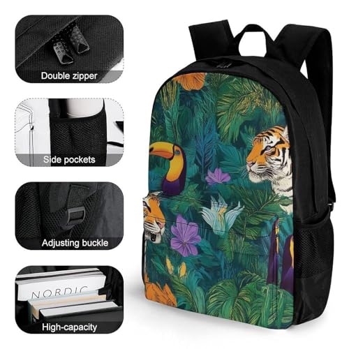 Backpack with Adjustable Strap, Adults Tropical Wild Animals Tigers Leaf Green Large Capacity Wear-Resistant Shoulder Bag Daypack for Sports, Cute Backpack for Daily Use3