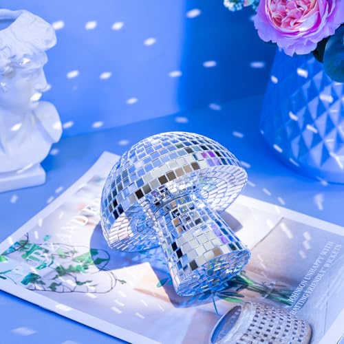 7 INCH Disco Mushroom Light, Silver Mirror Tiles Mushroom Decor for Retro Party Decorations, Dopamine Decor, Disco Ball Decor