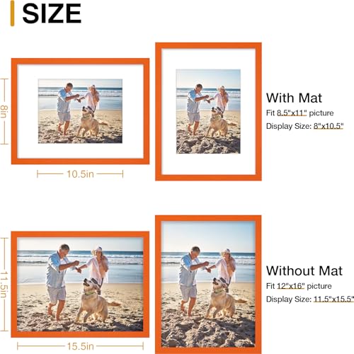 decorUhome 12x16 Picture Frame, Display 8.5x11 Certificate with Mat or 12x16 Poster without Mat, Wall Mounting Photo Frame, Orange, 1 Pack