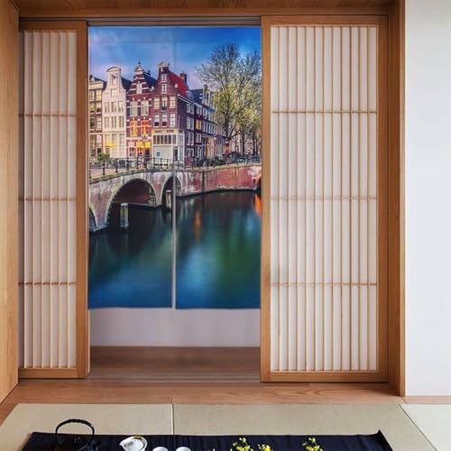オランダ風景橋プリント日本ののれんドアカーテンドアタペストリー壁掛けキッチンバスルーム寝室の家の装飾86x143cm