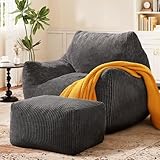 Vellorise Soft Living Room Bean Bag, Ultra Big Bean Bag Chair with Armrests & Ottoman, Stuffed BeanBag Floor Sofa for Adults for Gaming, Lounging, Dark Gray