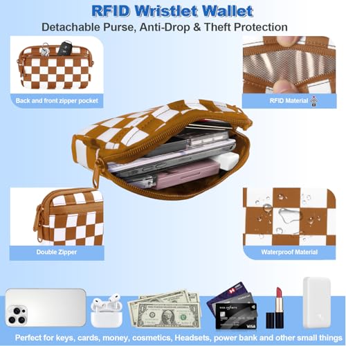 Image of YFWE Clip and Go Strap for Phone with Wallet Crossbody, Adjustable Phone Lanyard with Detachable RFID Wristlet Wallet, Phone Strap with Phone Tabs for All Phones, Bronze Checkered (L)