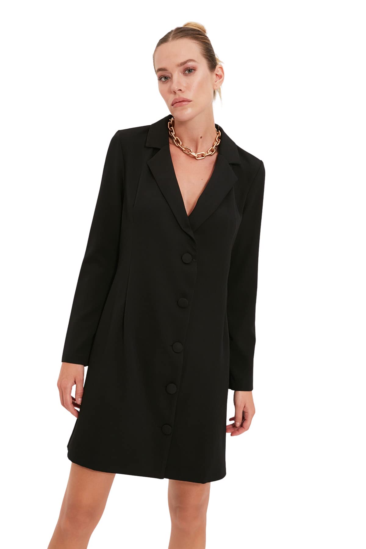 Trendyol Damen Schwarz Woman Midi A-Line Lapel Collar Woven Dress, 38 Eu