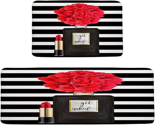 Miniatura 3 de Perfume negro flor moda niña alfombras de cocina abstracto geométrico rayas modernas simples contemporáneas mujer dama lápiz labial cocina fregadero