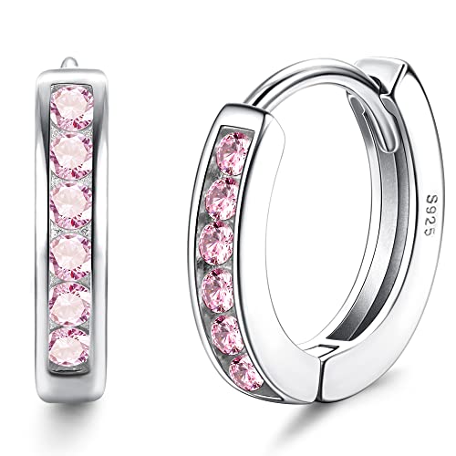 ORAZIO Petites Boucles d'Oreilles Créoles en Argent Avec Zircon Cubique Rose pour Filles Femmes 925 Argent Sterling Huggie Hoops Boucles d'Oreilles Créoles Hypoallergéniques en or Rose pour Enfants Cover