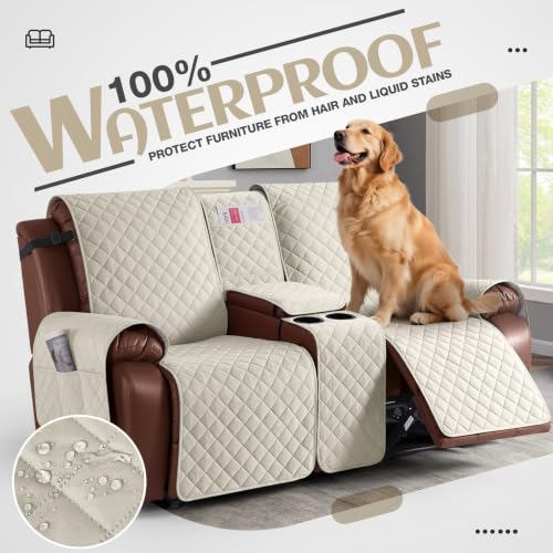 Image of KinCam 100% Waterproof Loveseat Recliner Cover with Console, Ivory