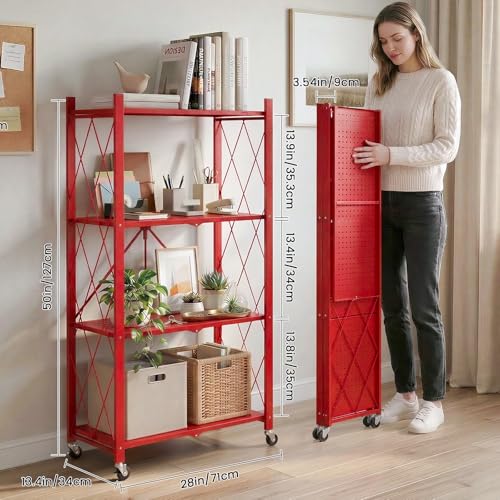 Image of DEANIC 4 Tier Foldable Storage Shelves with Wheels, Large Capacity Shelving Unit, Freestanding Metal Wire Shelf Rack, No Assembly Organizer Rack for Garage Kitchen, Basement, Pantry(Red Pack of 2)