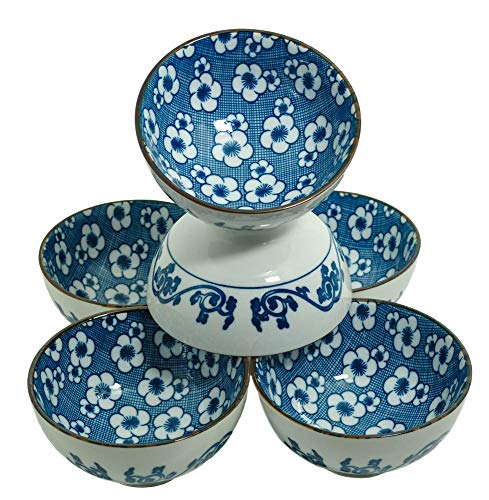 M.V. Trading NS2005 Japanese Blue and White Rice Bowls Design, 8-Ounces, 4½-Inches, Set of 6