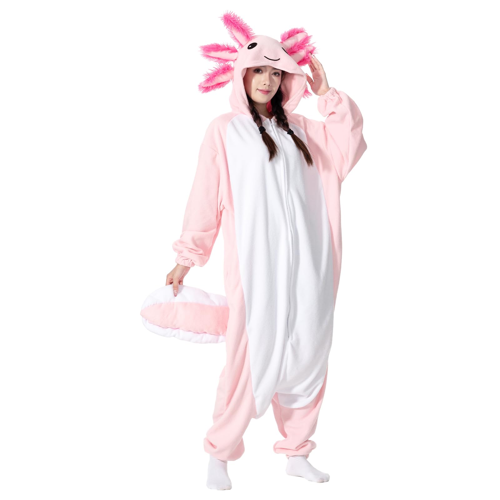 LANFAN Erwachsene Onesie Axolotl Kostüm Pyjama Herren Damen Unisex Cosplay Tier Plüsch Nachtwäsche Halloween Jumpsuit für Schlafanzug