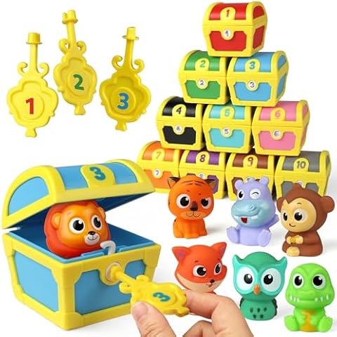 Coogam Fine Motor Skill Toys for Toddlers, 10pcs Surprise Animals Finger Puppets Treasure with Number Locks, Matching Color Sorting Pirate Hunt Game, Learning Montessori Gift for 3 4 5 Year Old Cover