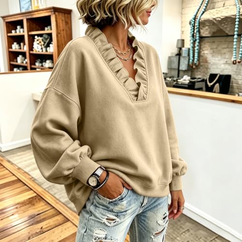Oversized Sweatshirts for Women Vneck Ruffle Vintage Fall Sweatshirts - image 5
