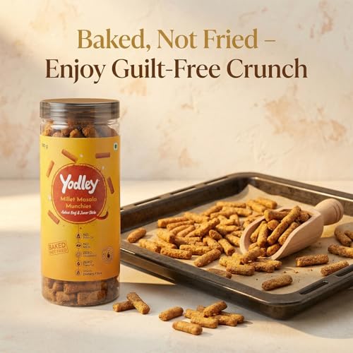 Image of Yodley Millet Masala Munchies - Tangy Achari Flavour | Baked, Not Fried | No Maida, No Palm Oil | Zero Cholesterol | Zero Trans Fat & High In Fiber | Calcium & Iron Rich | Healthy Indian Snack - 150gm