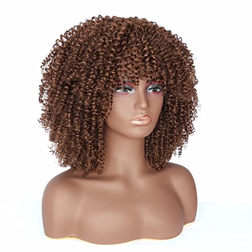 PORSMEER Curly Afro Wigs for Black Women Short Kinky Curly Wigs with Fringe Premium Synthetic Hair Full Fluffy Brown Wig for Ladies Daily Wear or Cosplay Party,14inch - Image 3